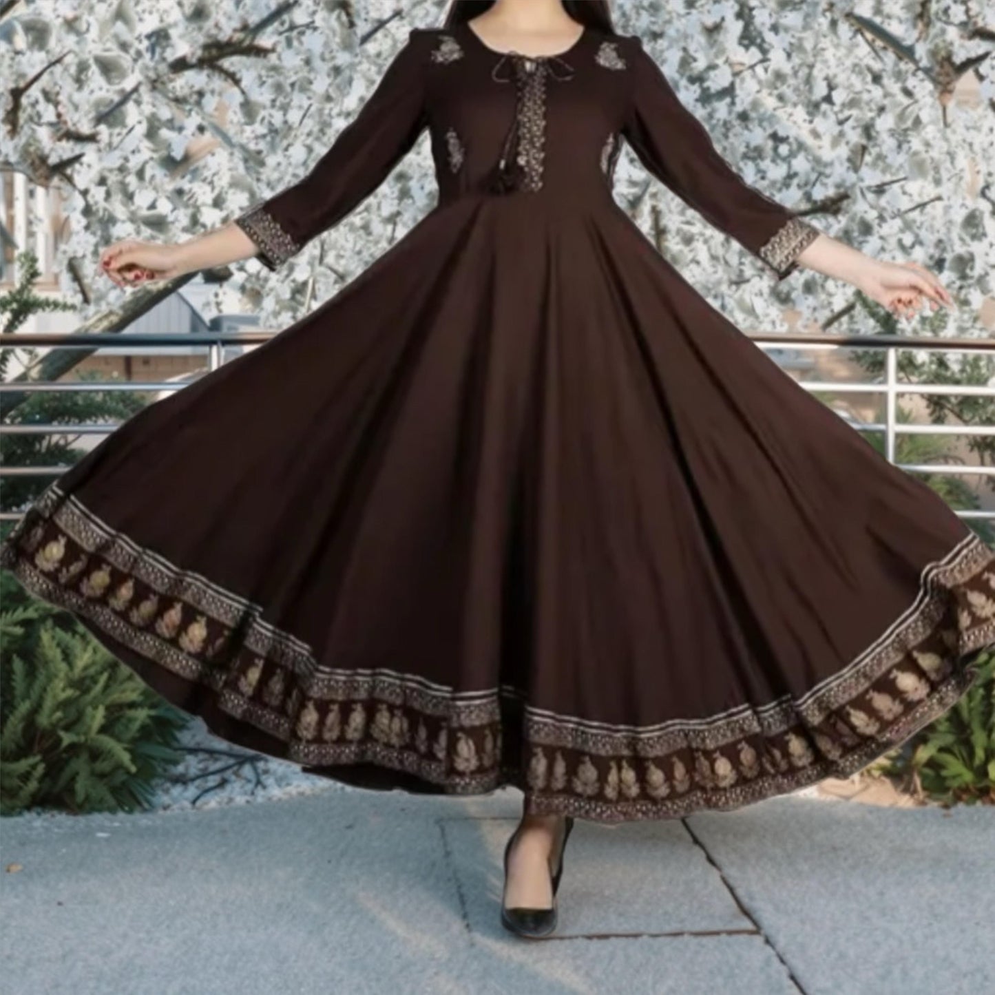 Chocolate Brown Rayon Anarkali Kurta with 3/4 Sleeves – Elegant Ethnic Wear for Women | Threads & Twirls