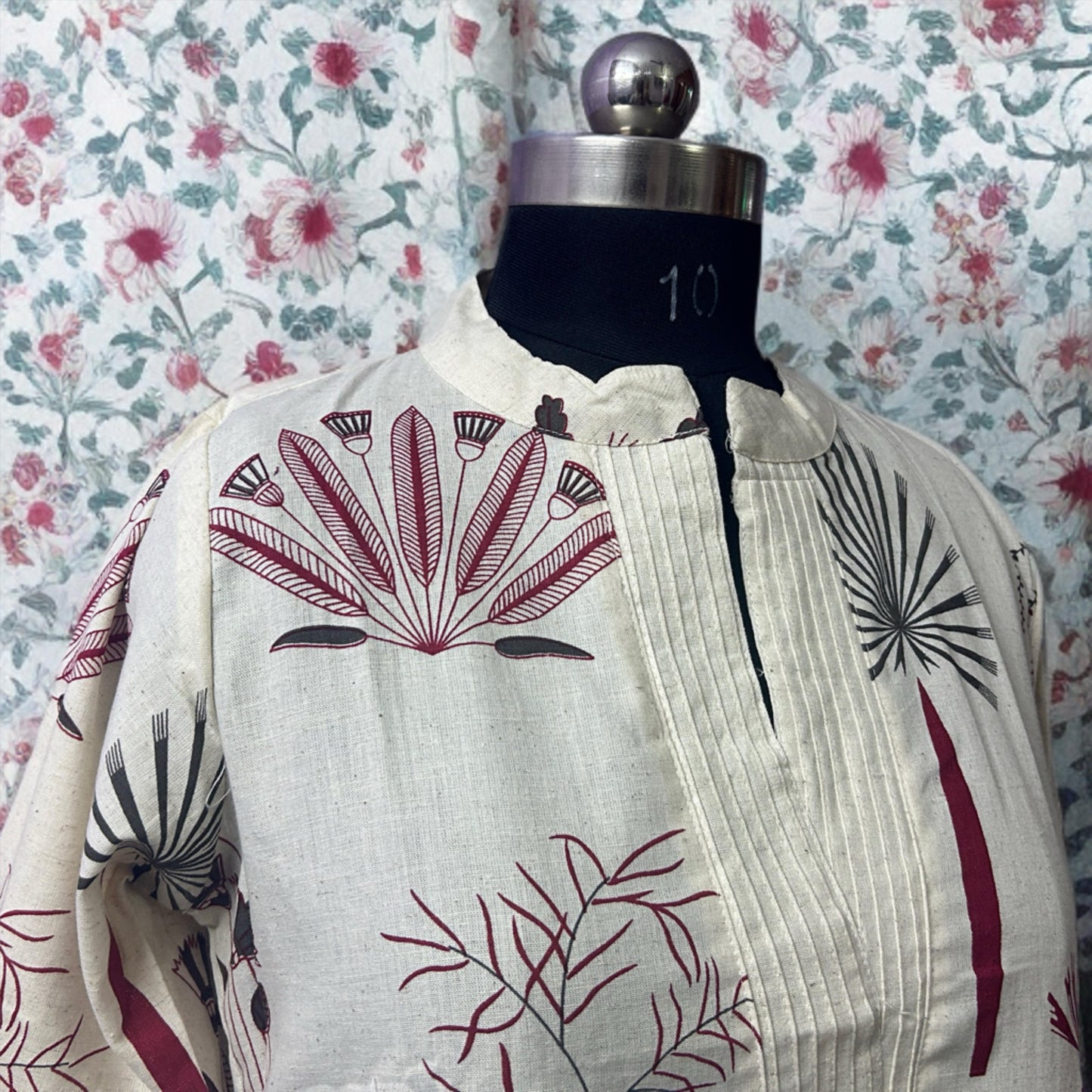 Cream Printed Cotton Coord Set with Stand Collar | Threads & Twirls