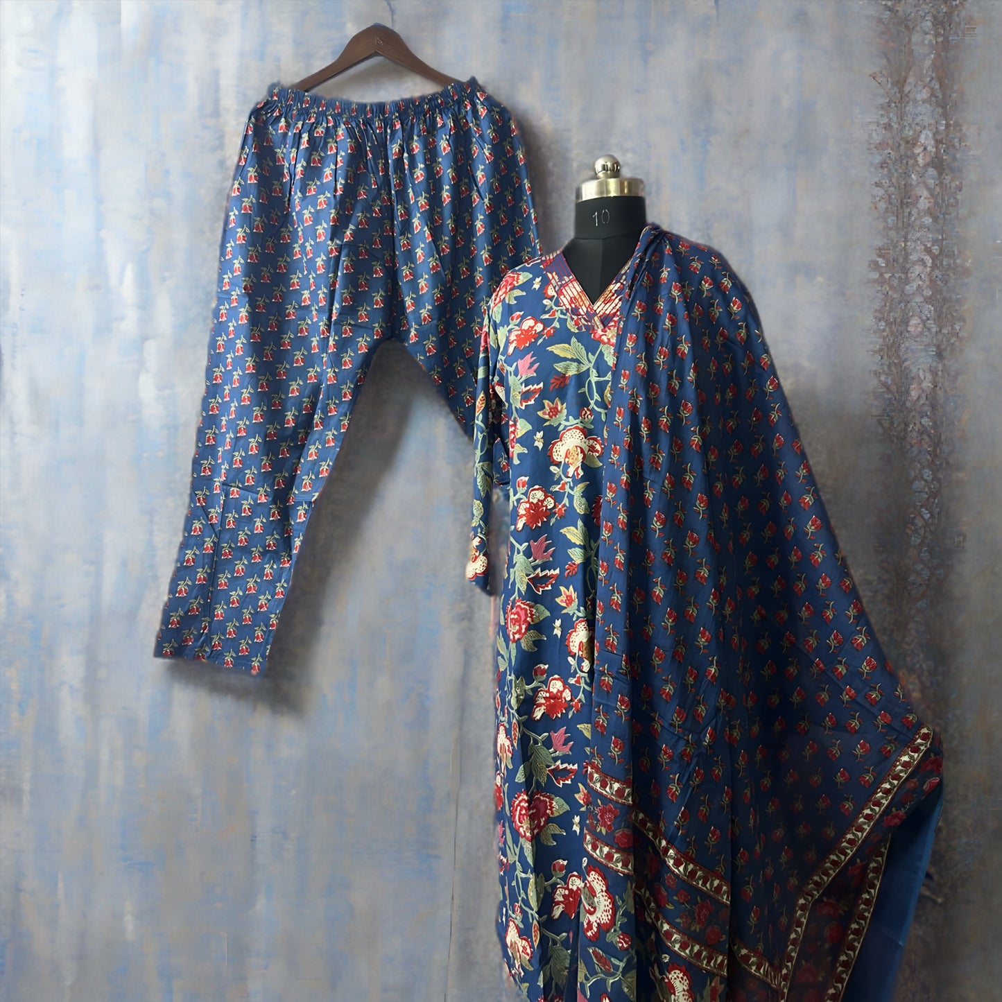 Floral V-Neck Cotton Salwar Suit with Printed Dupatta – Daily Wear