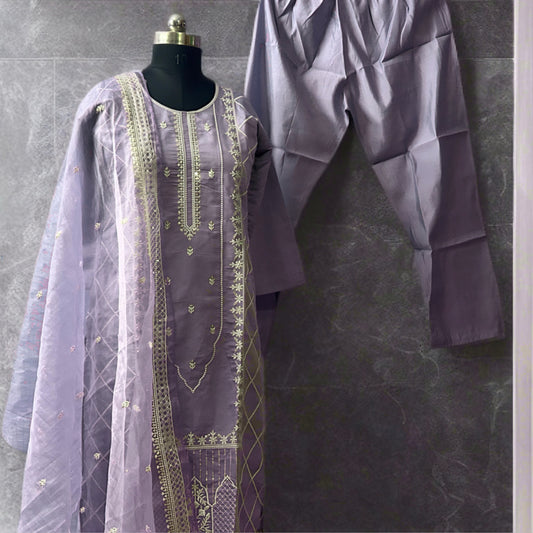 Lavender Chikankari-Style Kurta Pant Set – Elegant Festive Wear with Embroidered Dupatta