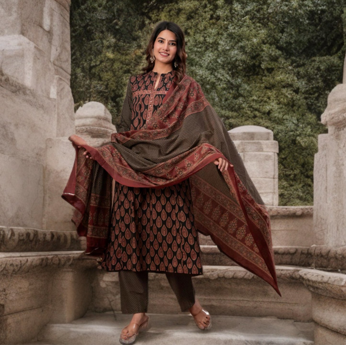 Elegant Pure Cotton Pintuck Kurtha Set with Pocket & Dupatta – Ethnic Salwar Suit for Women | Threads & Twirls