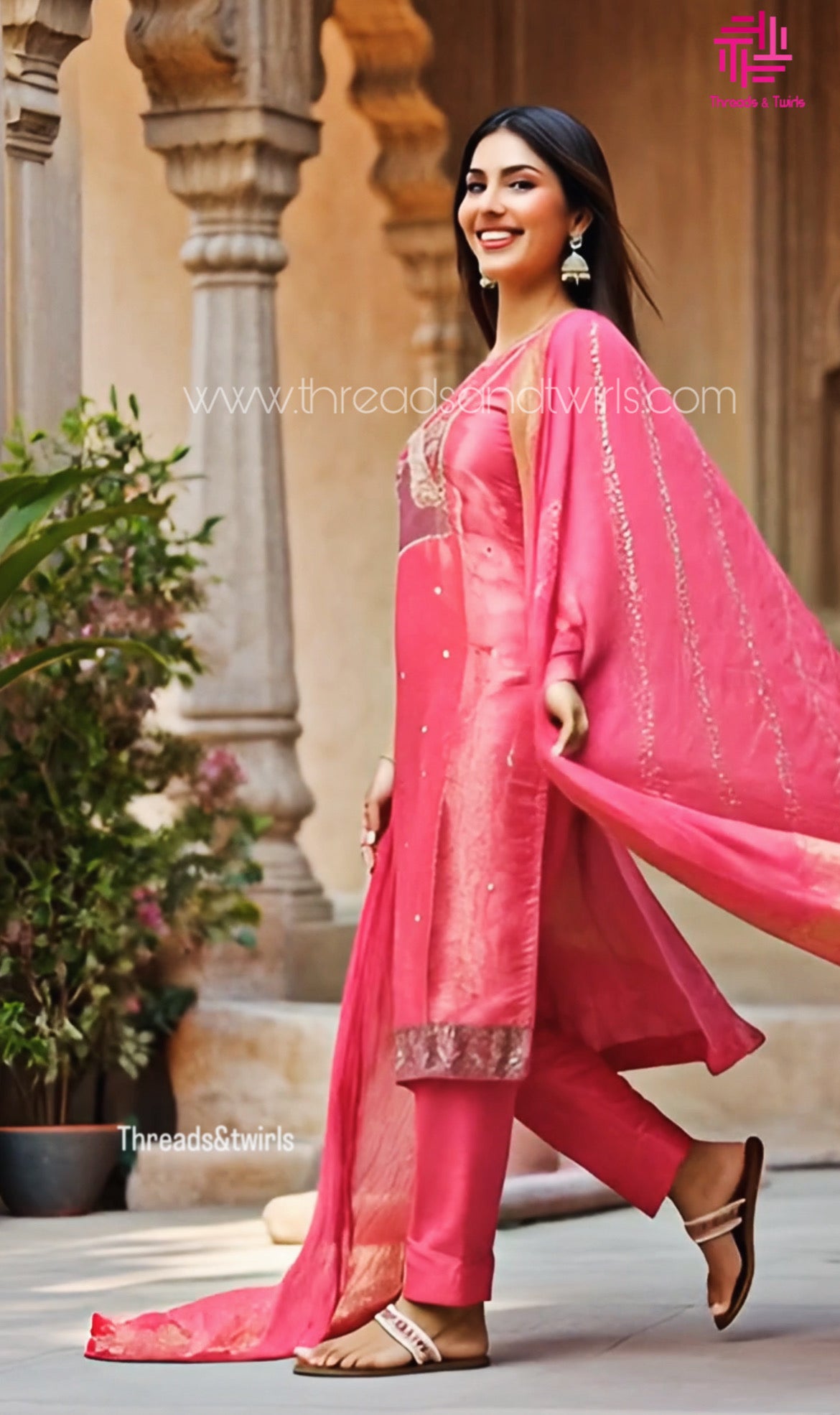 Pink Tissue Shimmer Salwar Suit with Peacock Yoke Embroidery | Threads & Twirls