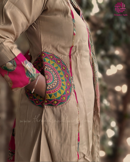 Beige Salwar Suit with Red Floral Dupatta, Embroidered Dual Pockets & Palazzo Pant