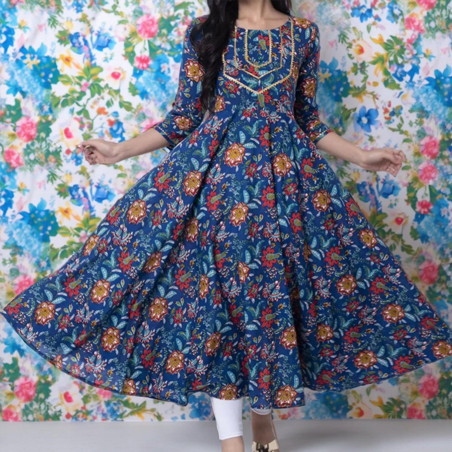 Blue Printed Rayon Anarkali Kurta with 3/4 Sleeves & Side Tassels – Elegant Ethnic Wear for Women | Threads & Twirls