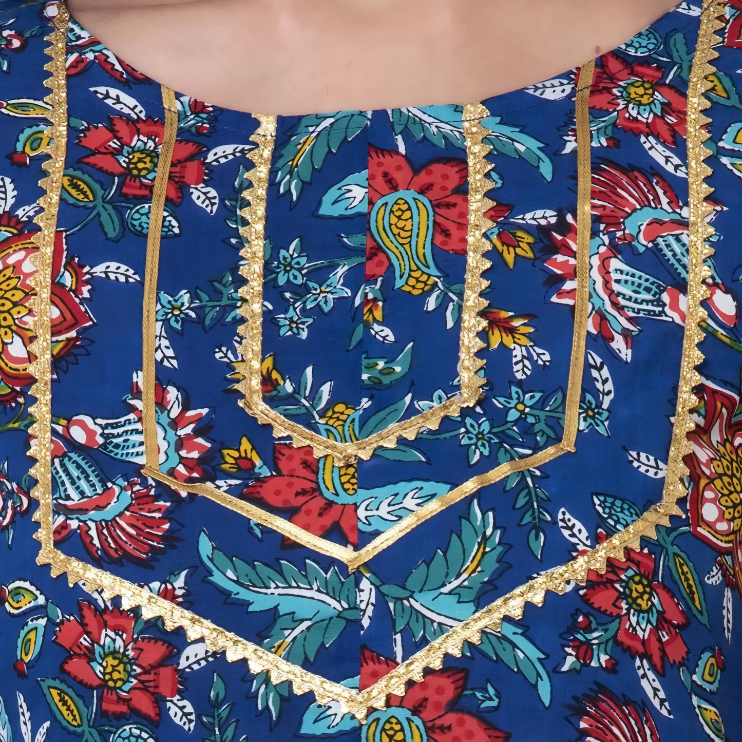 Blue Printed Rayon Anarkali Kurta with 3/4 Sleeves & Side Tassels – Elegant Ethnic Wear for Women | Threads & Twirls