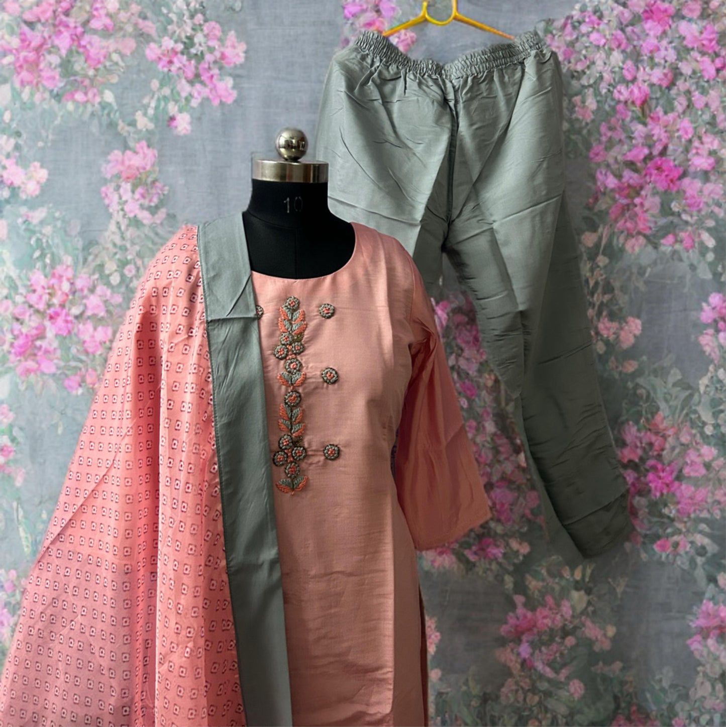 Blush Pink Kurta Set with Hand Embroidery and Grey Pant Dupatta Combo