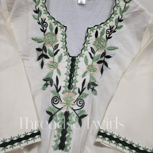 Yazhini - Floral Printed Viscose Rayon Kurtha Set - Cream & Green | Threads & Twirls