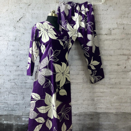 Premium Cotton Coord Set in Purple with Bold White Floral Print – Casual & Lounge Wear
