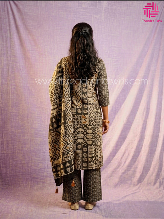 Black & Beige Geometric Printed Cotton Kurta Set with Straight Pants & Dupatta for Women
