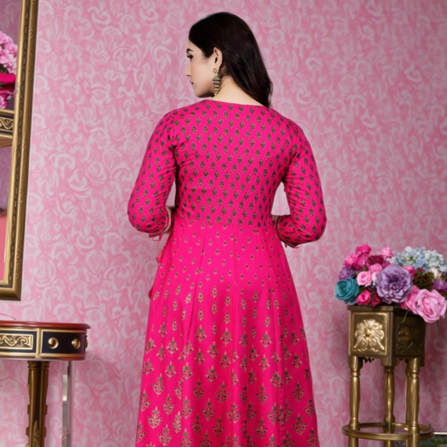 Pink Printed Rayon Anarkali Kurta with 3/4 Sleeves & Side Tassels – Elegant Ethnic Wear for Women | Threads & Twirls
