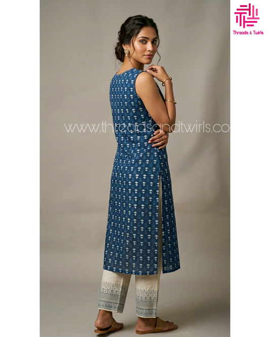 Indigo Kurta Set with Mirror Work Yoke and Contrast Salwar Pant & Attachable Sleeves – Ethnic Wear for Women