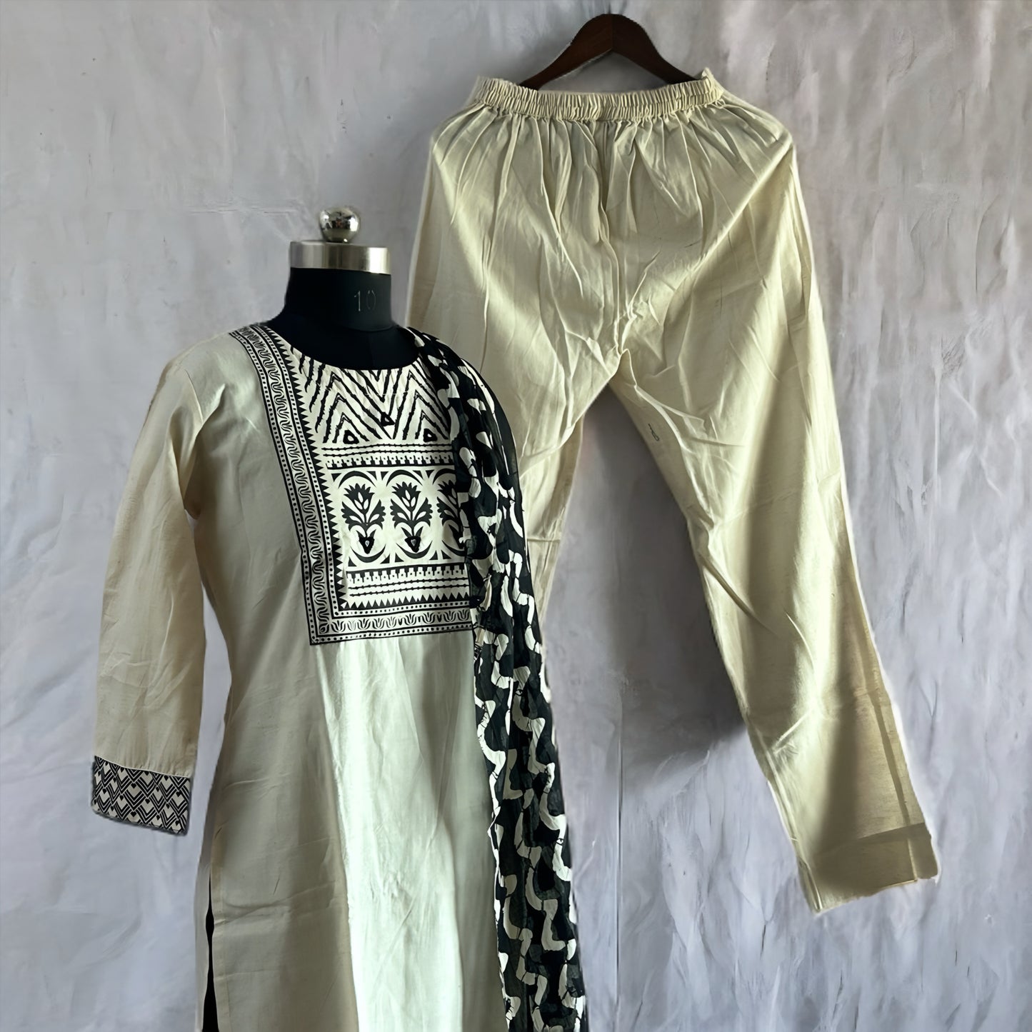 Elegant White Cotton Salwar Suit with Black Printed Dupatta & Matching Pant