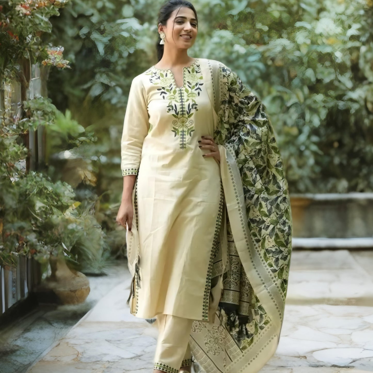 Yazhini - Floral Printed Viscose Rayon Kurtha Set - Cream & Green | Threads & Twirls