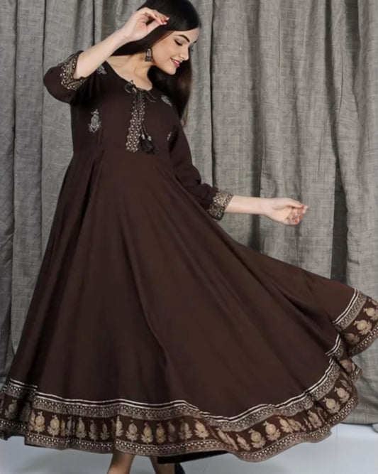 Chocolate Brown Rayon Anarkali Kurta with 3/4 Sleeves β Elegant Ethnic Wear for Women | Threads & Twirls