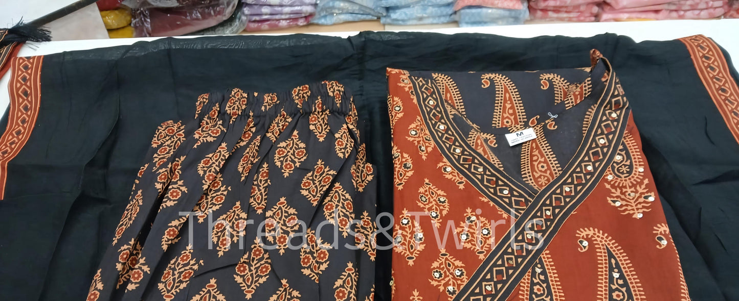 Sadhana - Cotton Salwar Suit - Black and Rust brown | Threads & Twirls