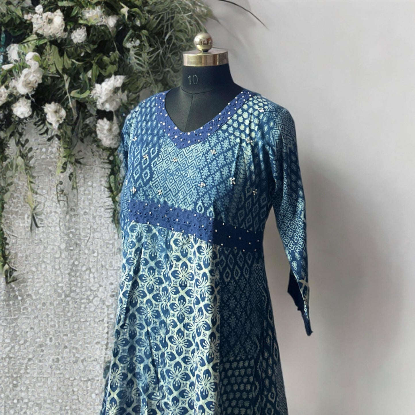 Indigo Blue and White Printed Anarkali Kurta with Solid Pant – Elegant Cotton Blend Set for Festive and Daily Wear