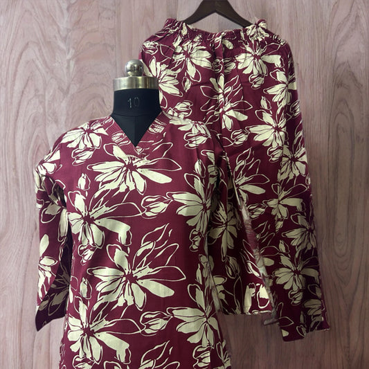 Maroon Cotton Salwar Suit with V-Neck & Pocket | Floral Daily Wear | Threads & Twirls