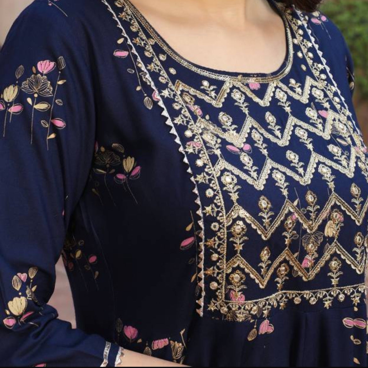 Printed Anarkali Kurta - Navy Blue | Threads & Twirls