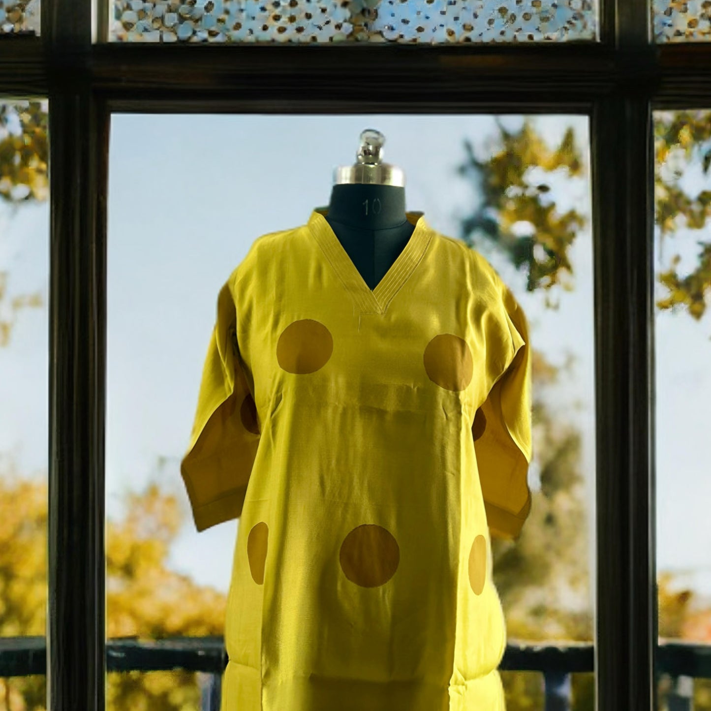 Mustard Yellow Polka Dot Rayon Kurti with V-Neckline – Casual & Chic | Threads & Twirls