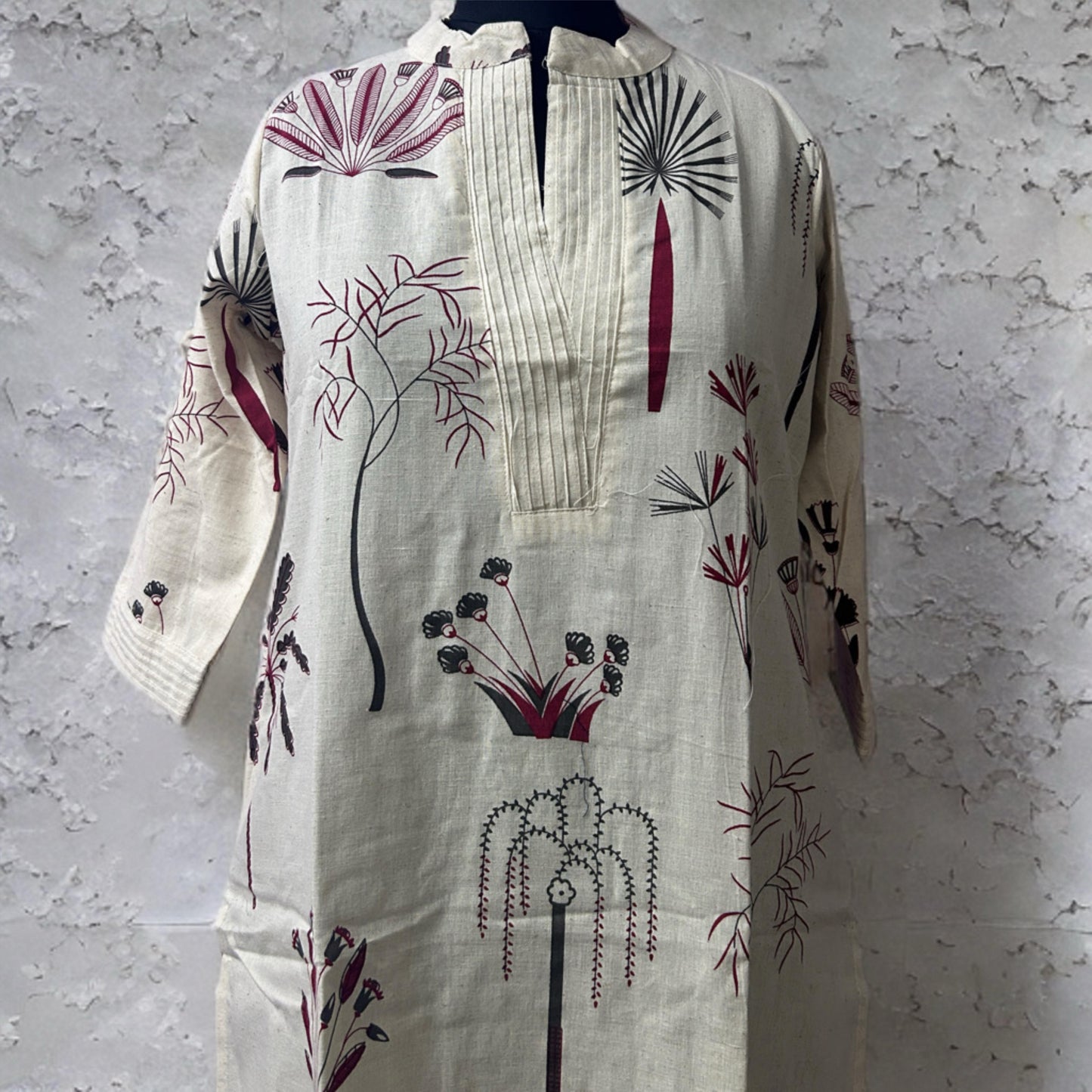 Cream Printed Cotton Coord Set with Stand Collar | Threads & Twirls