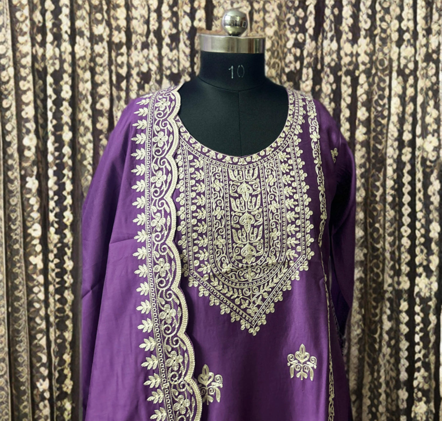 Regal Purple Silk Suit Set with Intricate Thread Embroidery on Kurta & Dupatta