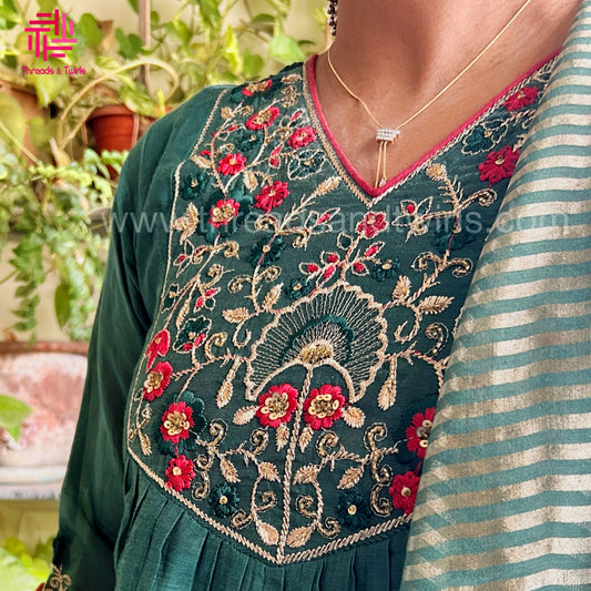 Bottle Green Mul Chanderi Salwar Suit Set with Handwork Zardosi | Threads & Twirls