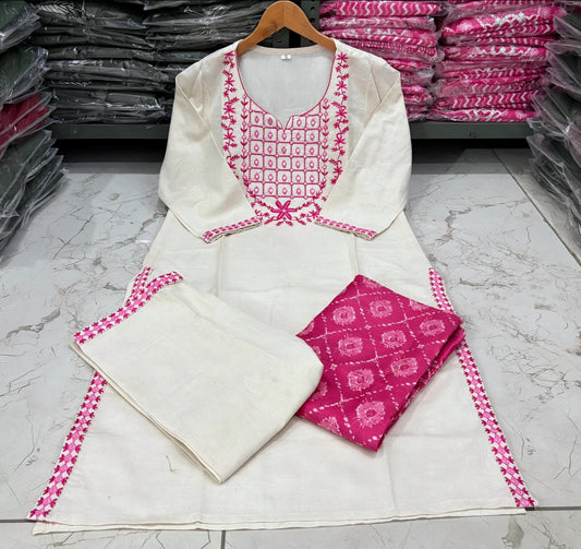 Nandu - Khadi Cotton Salwar Suit - White and Pink | Threads & Twirls