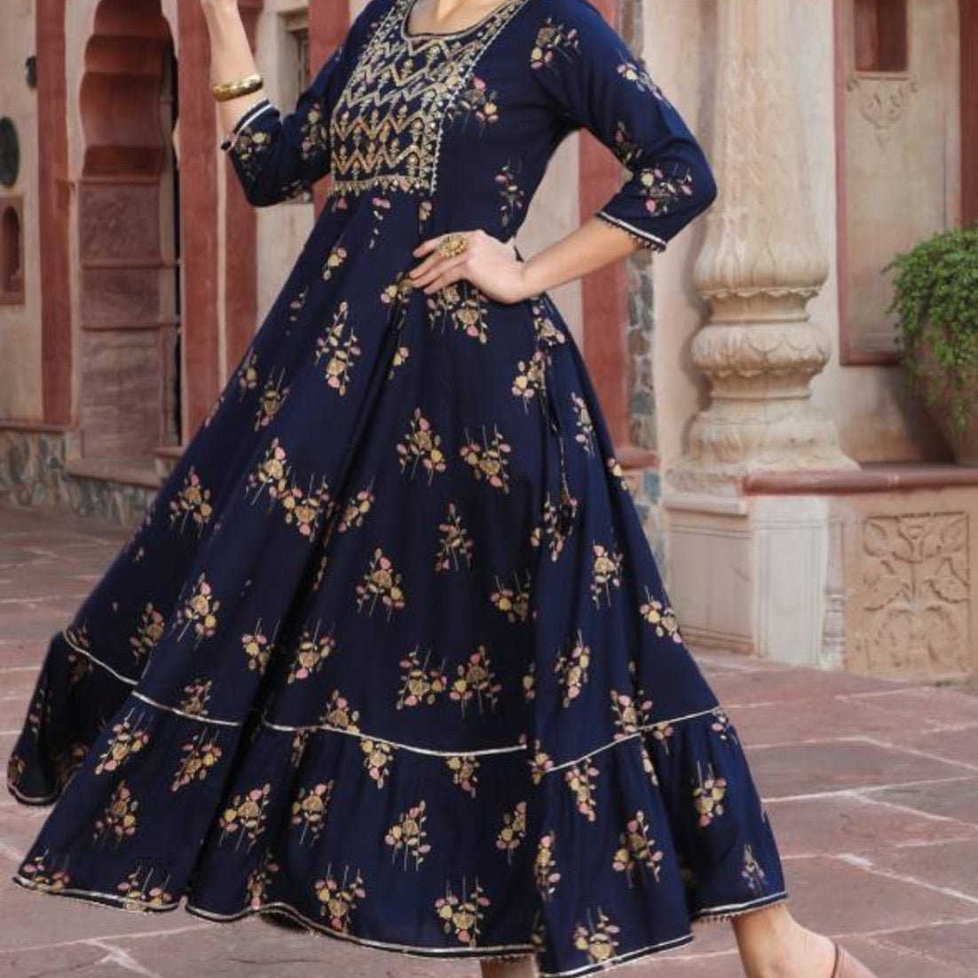 Printed Anarkali Kurta - Navy Blue | Threads & Twirls