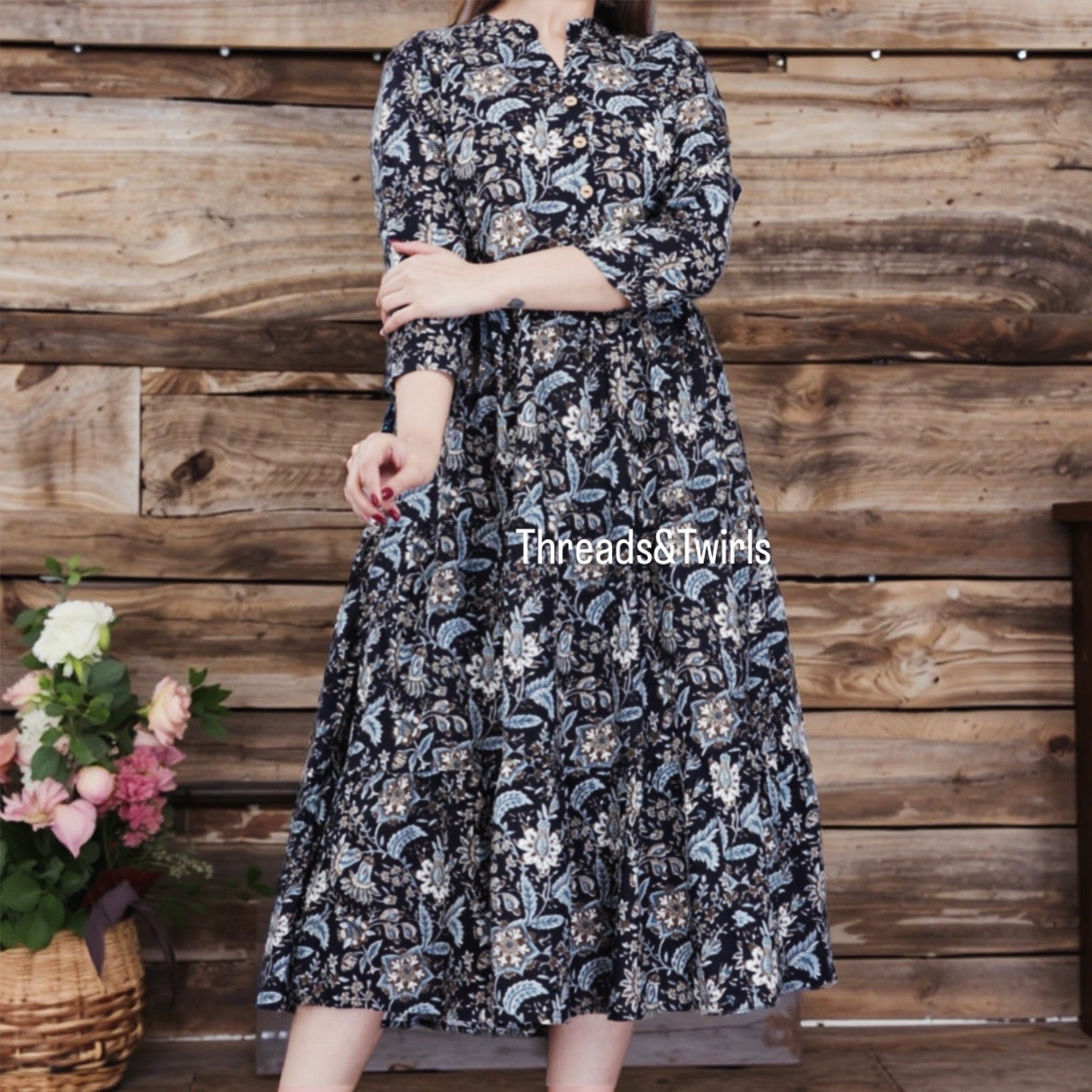 Black & Blue Floral Printed Cotton Anarkali Kurta for Women | Threads & Twirls