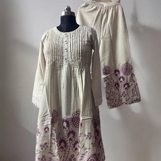 Khadi Cotton Kurta Pant Set with Pintuck Yoke & Floral Block Print – Handcrafted Elegance