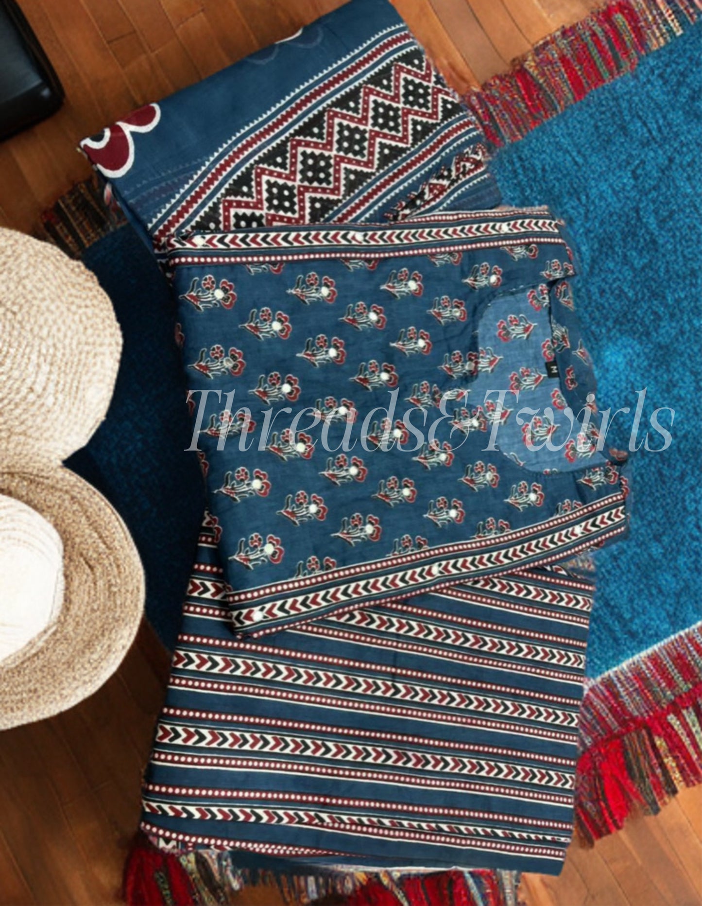 Neelaveni - Straight Cut Kurtha Set - Blue & Red | Threads & Twirls