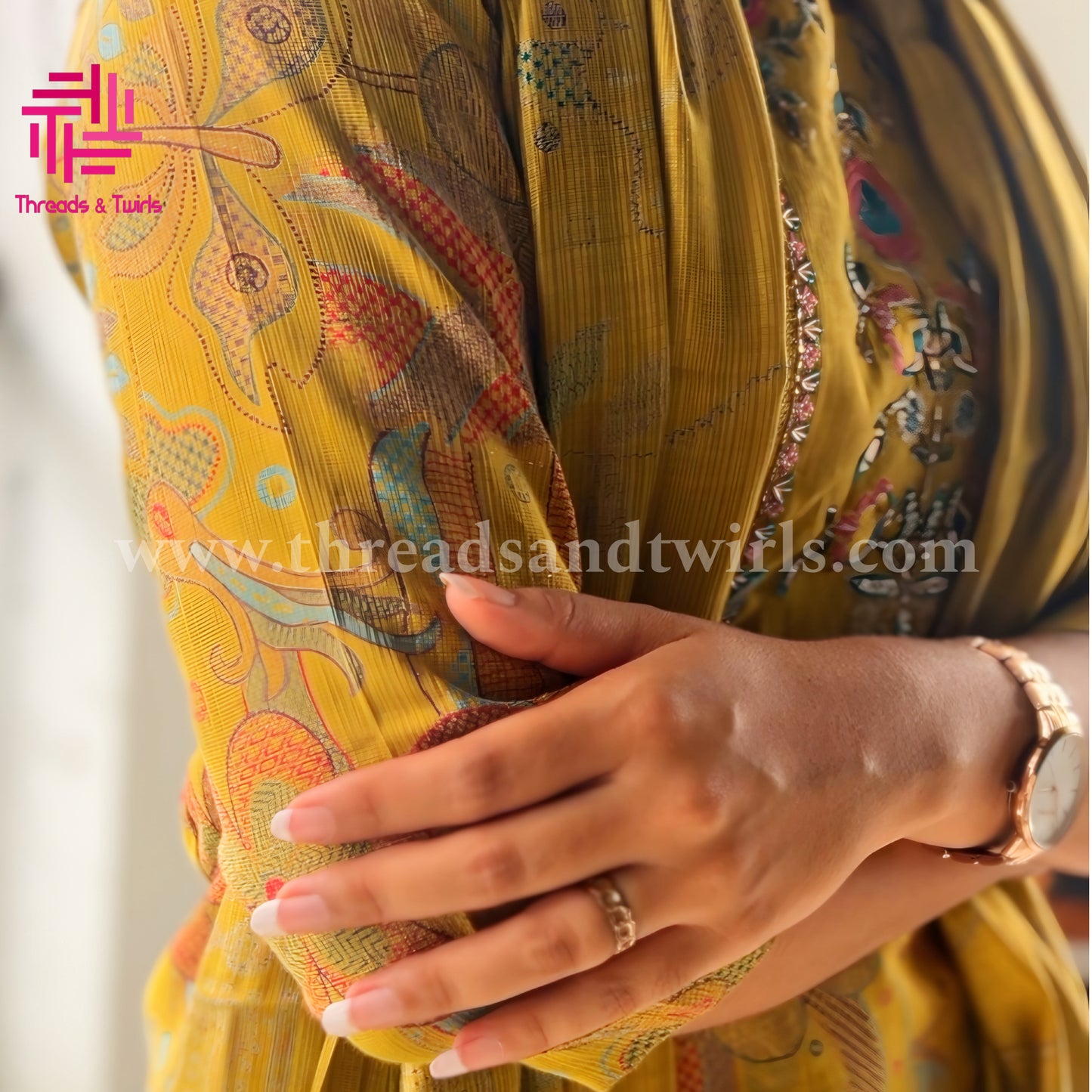 Mustard Yellow Viscose Silk Salwar Suit with Embroidered Yoke & Printed Dupatta | Threads & Twirls