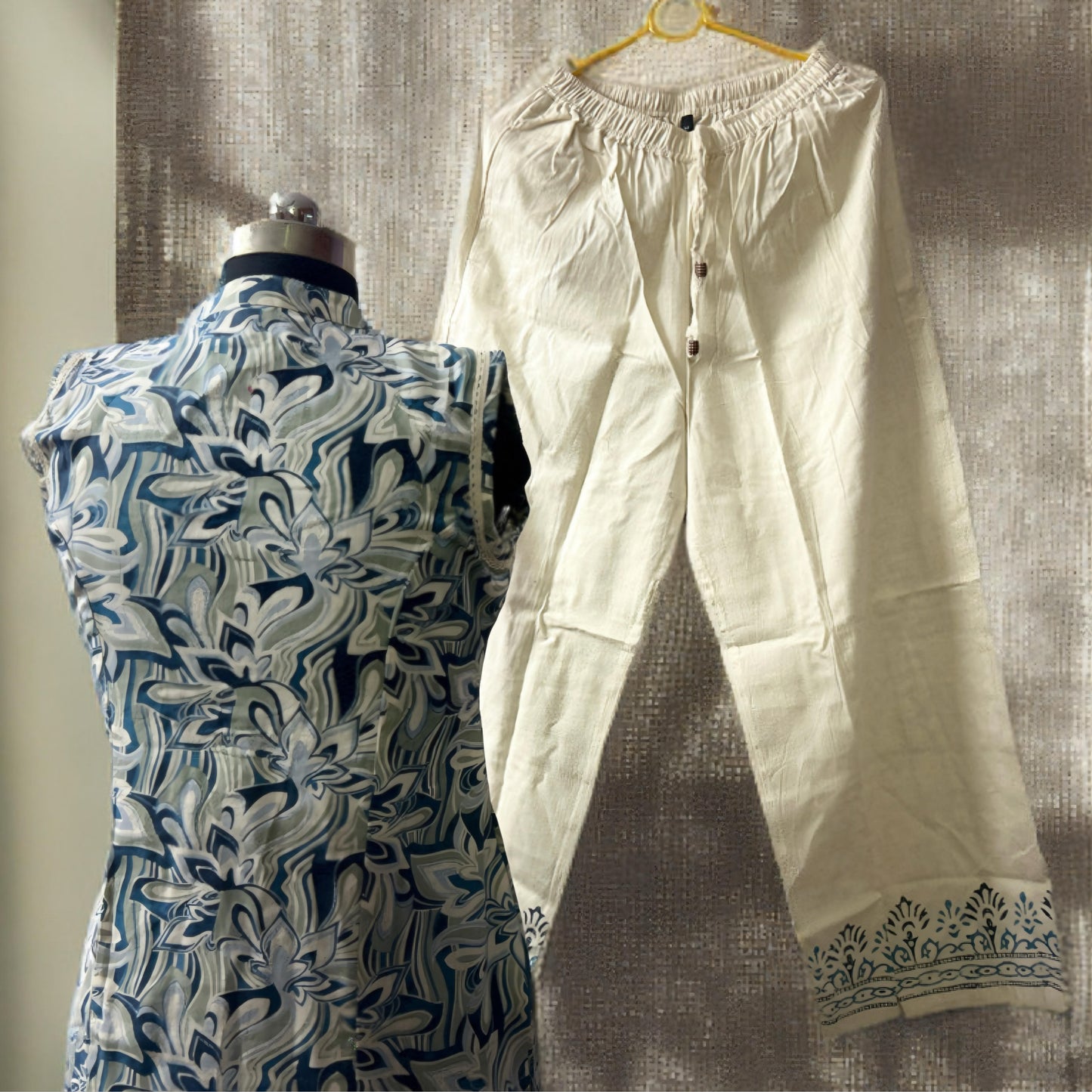 Elegant Blue and Cream Khadi Cotton Printed Kurta Pant Set with Dupatta | Threads & Twirls