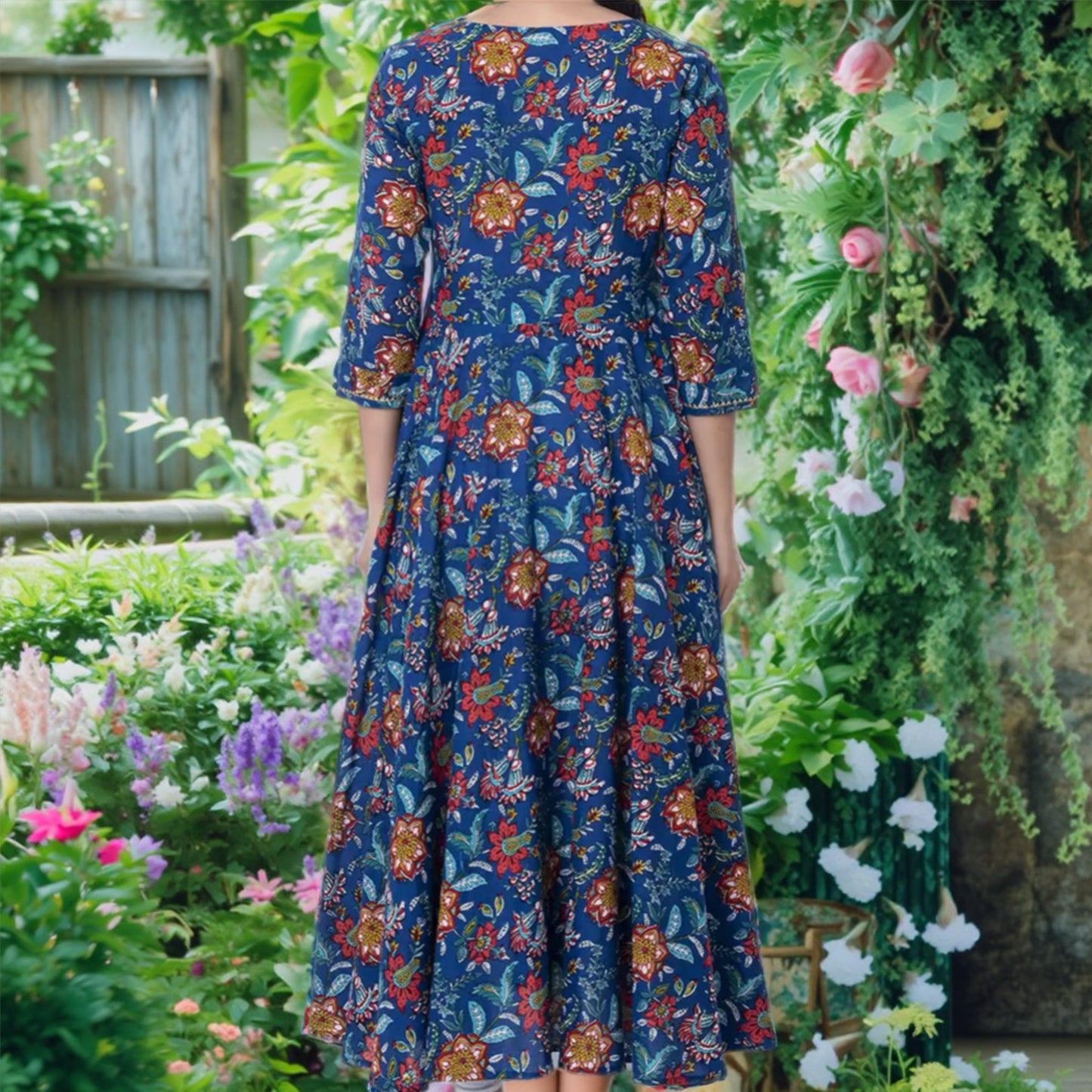 Blue Printed Rayon Anarkali Kurta with 3/4 Sleeves & Side Tassels – Elegant Ethnic Wear for Women | Threads & Twirls