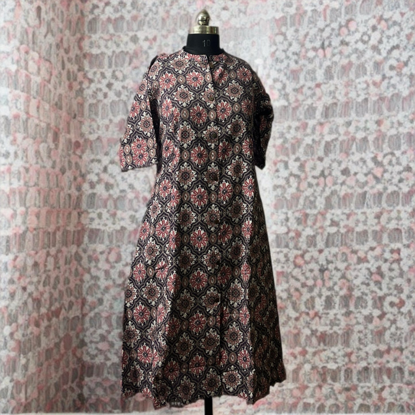 Black & Maroon A-Line Cotton Kurta with Kantha Work, Chinese Collar & Side Pocket