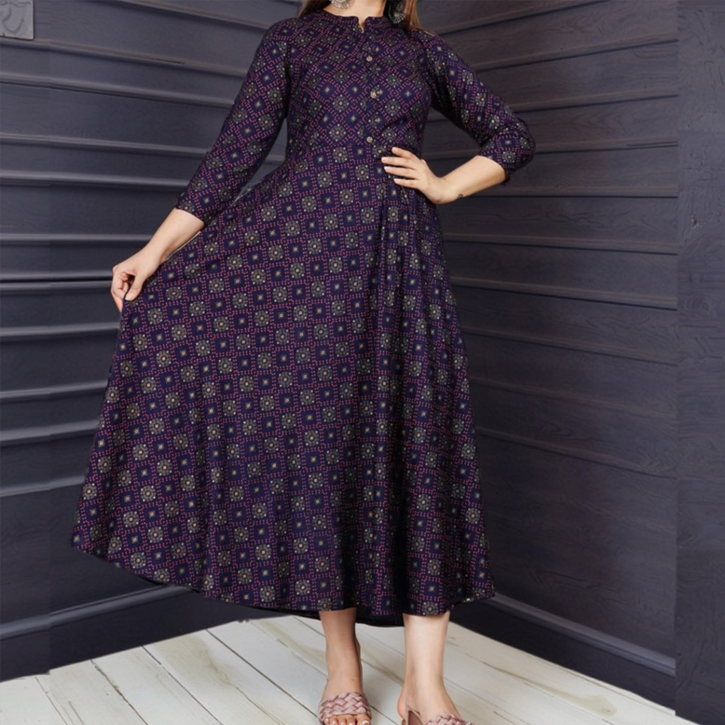 Purple Geometric Printed Anarkali Kurta for Women – Cotton Blend, Flared Fit | Threads & Twirls