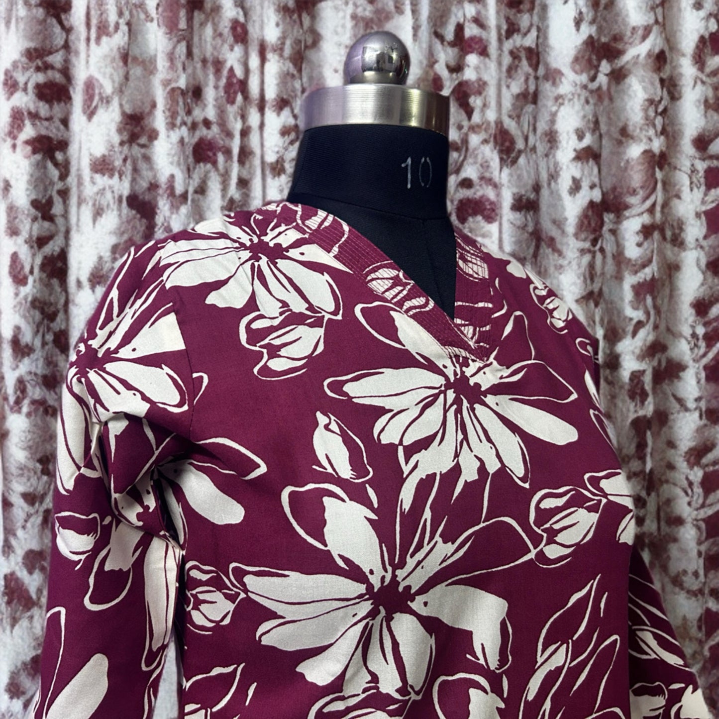 Maroon Cotton Salwar Suit with V-Neck & Pocket | Floral Daily Wear | Threads & Twirls