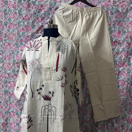 Cream Printed Cotton Coord Set with Stand Collar | Threads & Twirls