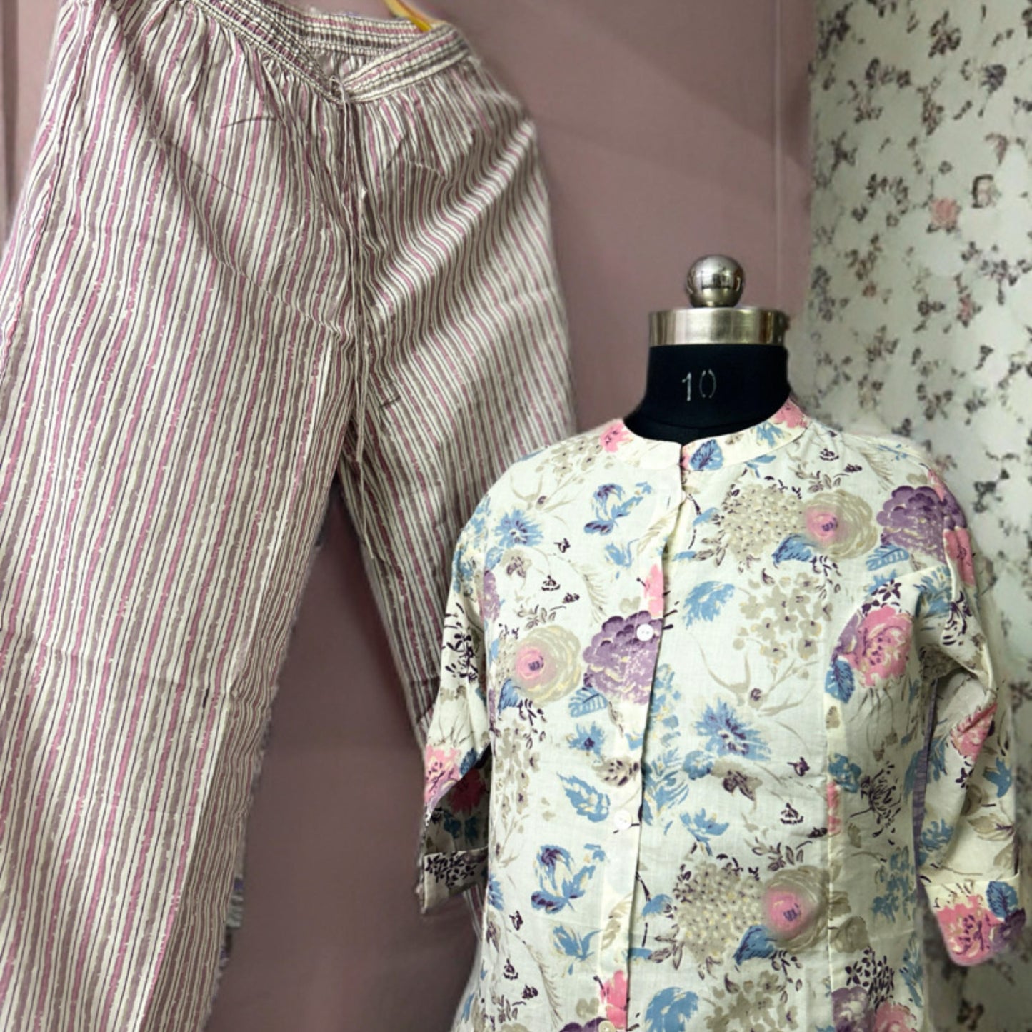Pastel Floral Print Coord Set – Casual Cotton Co-ord with Striped Pants for Everyday Elegance