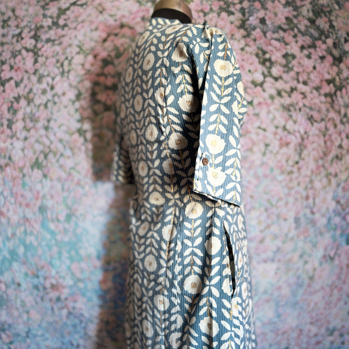 Light Blue A-Line Cotton Kurta with Kantha Work, Chinese Collar & Side Pocket – Elegant Everyday Wear