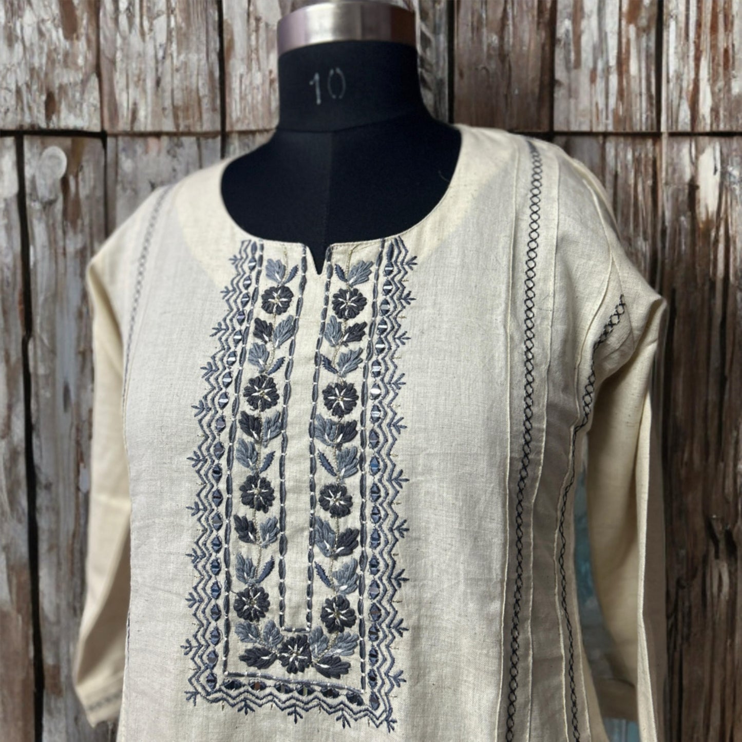 Handwoven Khadi Cotton Kurta Pant Set with Navy Blue Thread Embroidery – Elegant Everyday Wear