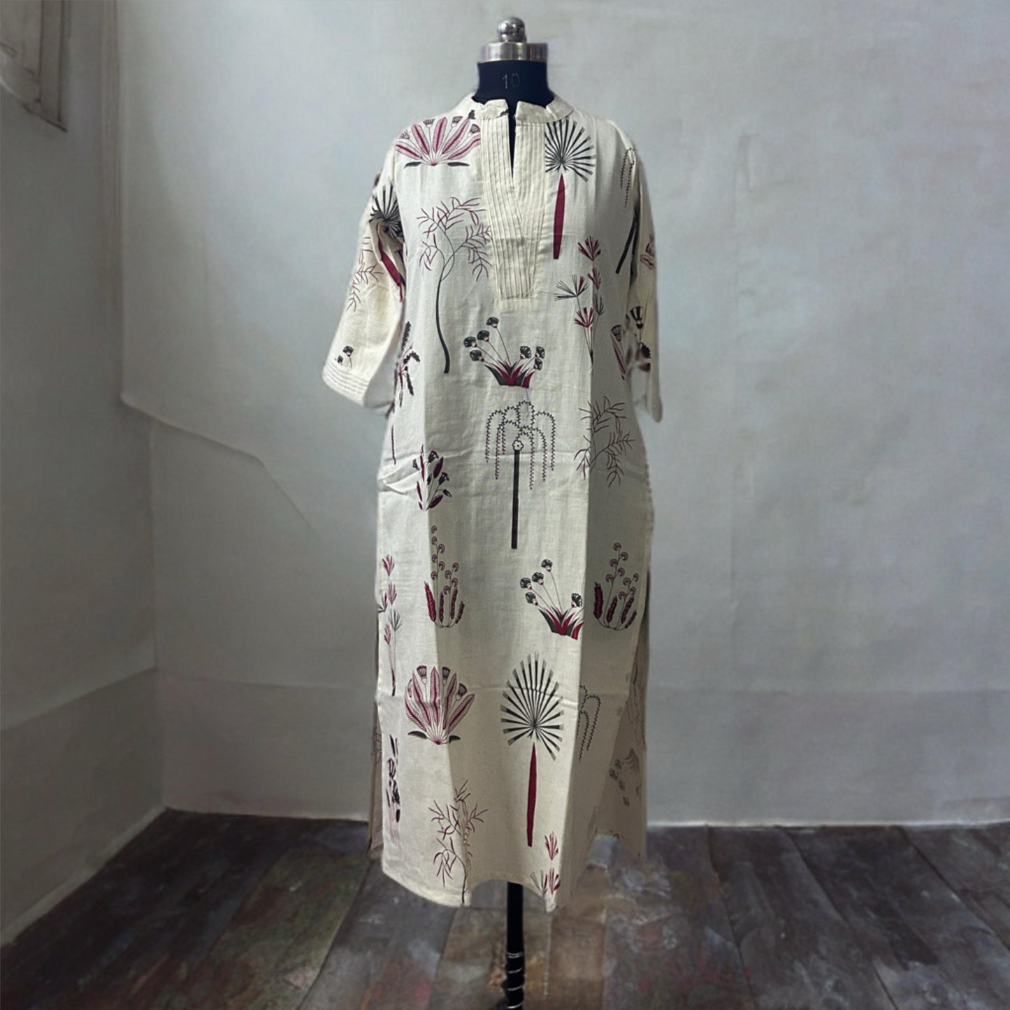 Cream Printed Cotton Coord Set with Stand Collar | Threads & Twirls