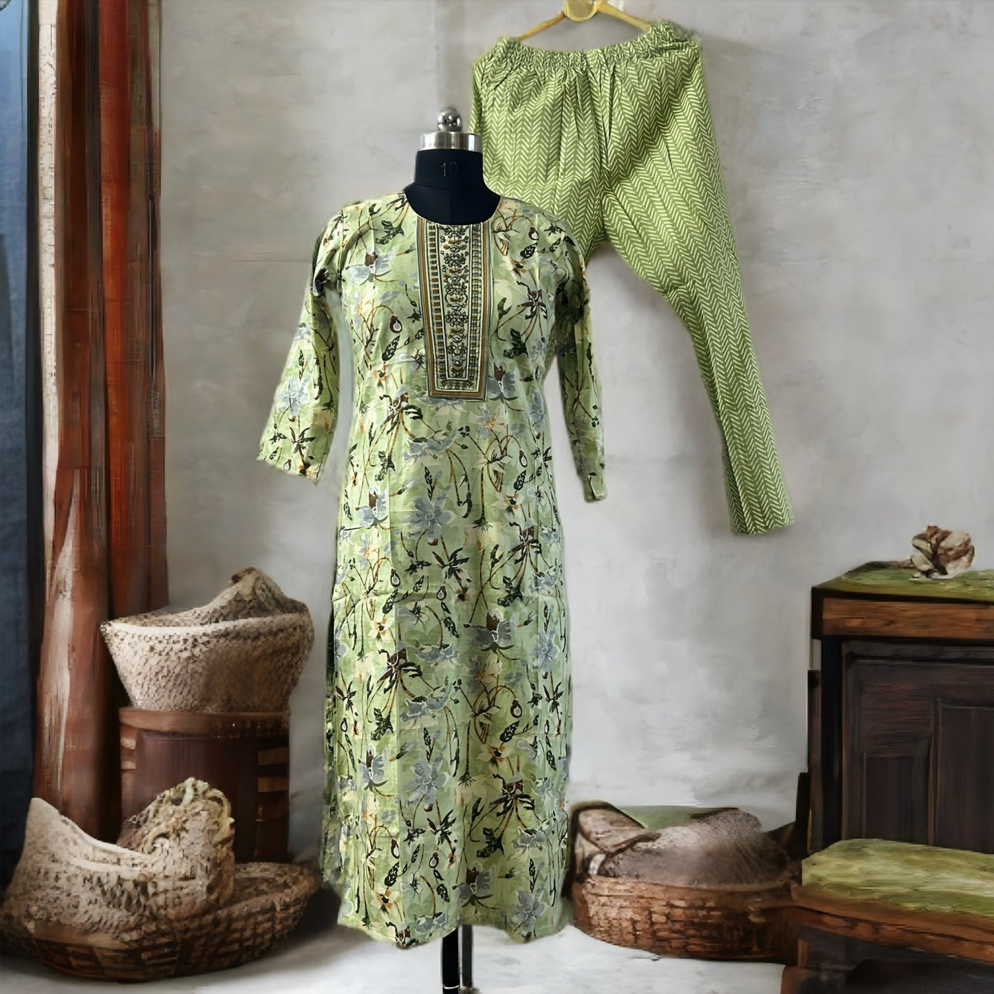 Printed Cotton Salwar Suit with Gottapati Work – Green & Pink | Threads & Twirls