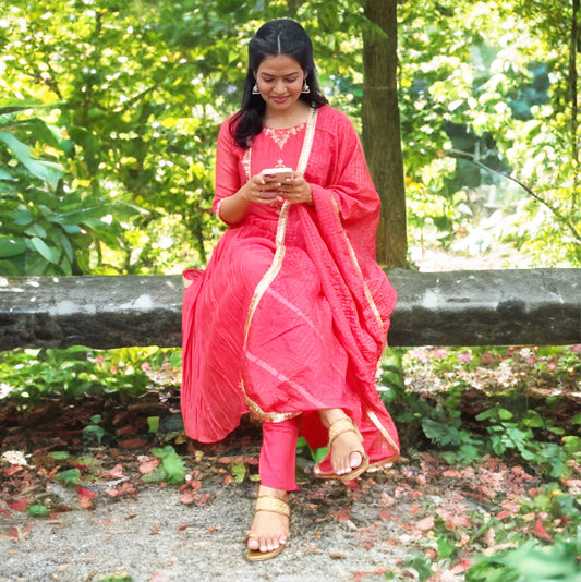 Tomato Pink Mul Chanderi Salwar Suit with Zari Embroidery | Threads & Twirls
