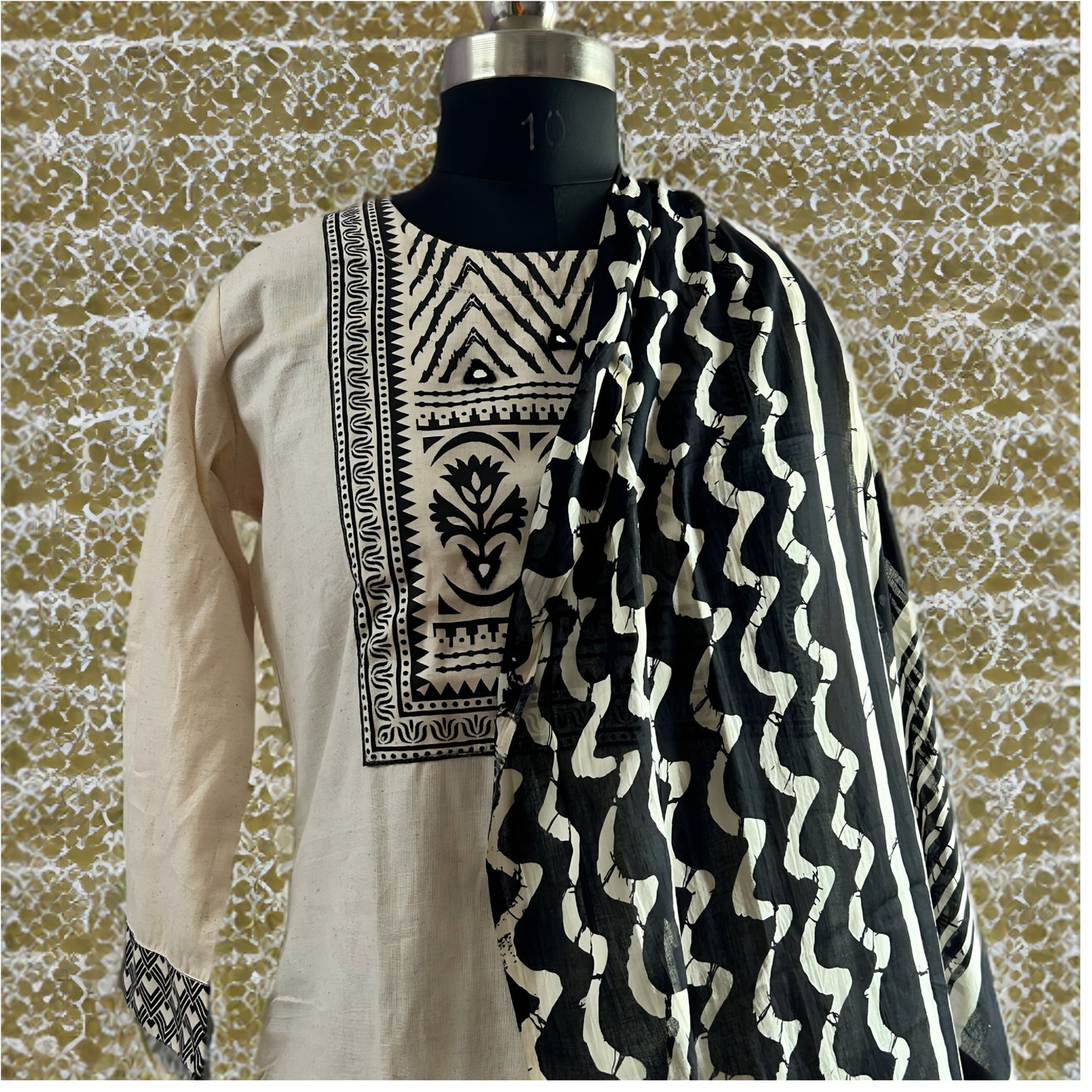 Elegant White Cotton Salwar Suit with Black Printed Dupatta & Matching Pant