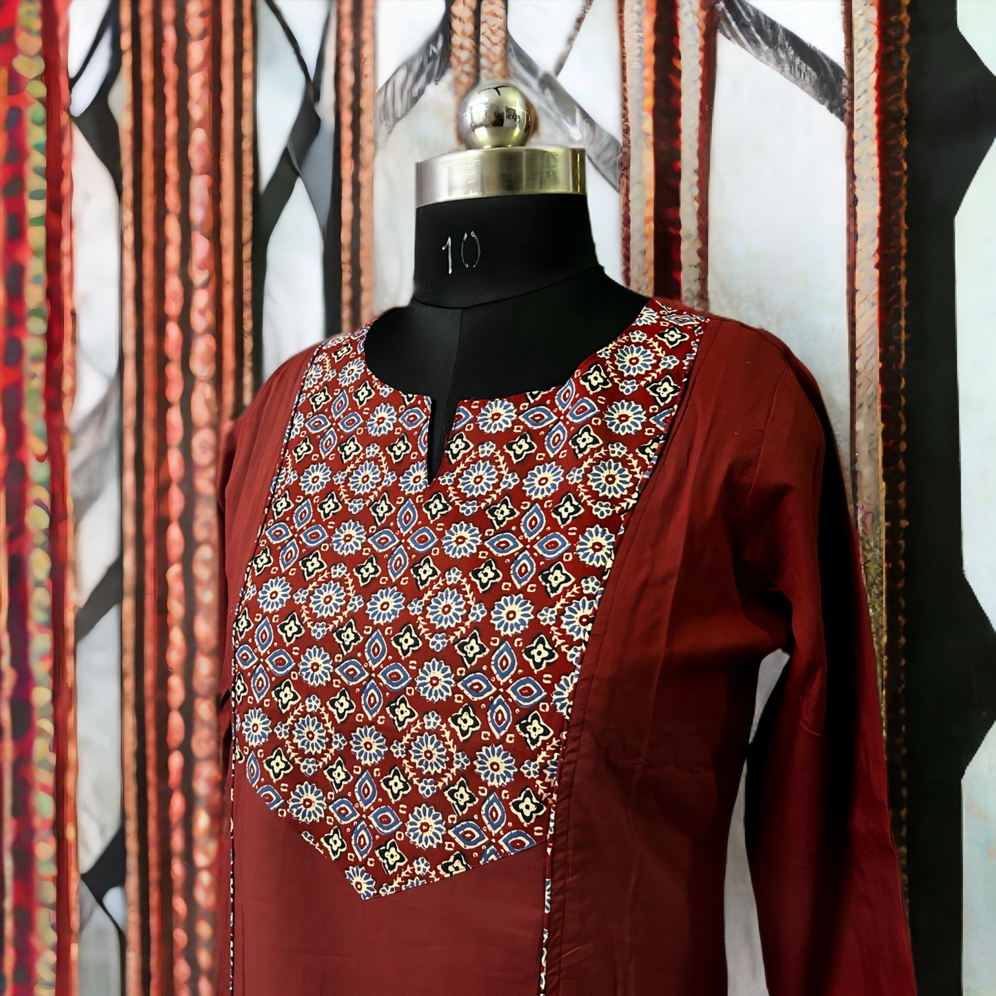 Rust Red & Printed Cotton Salwar Suit with Dupatta – Threads & Twirls