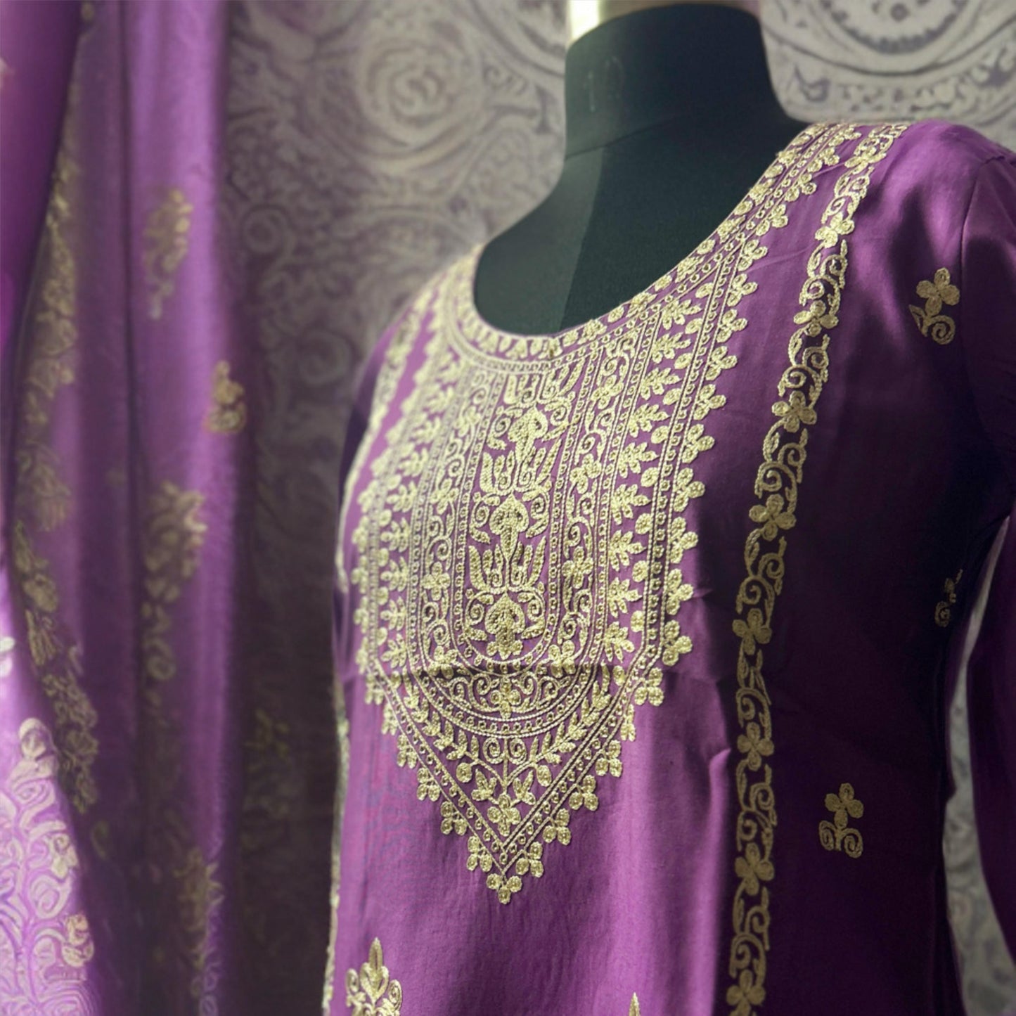 Regal Purple Silk Suit Set with Intricate Thread Embroidery on Kurta & Dupatta