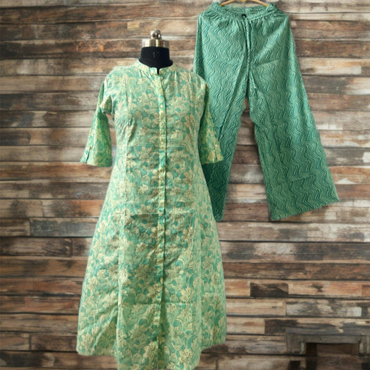 Green Cotton Kurtha Pant Set for Women – A-Line Princess Cut | Ethnic Casual Wear