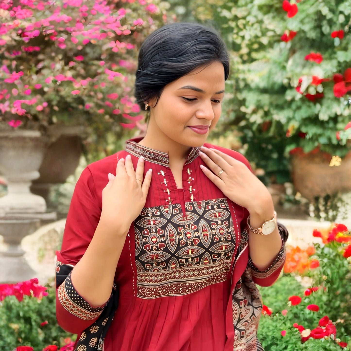 Maroon Cotton Salwar Suit with Mirror Embroidered Yoke | Threads & Twirls