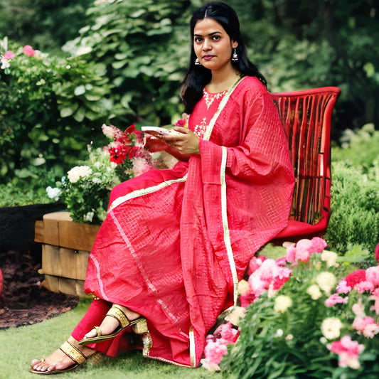 Tomato Pink Mul Chanderi Salwar Suit with Zari Embroidery | Threads & Twirls